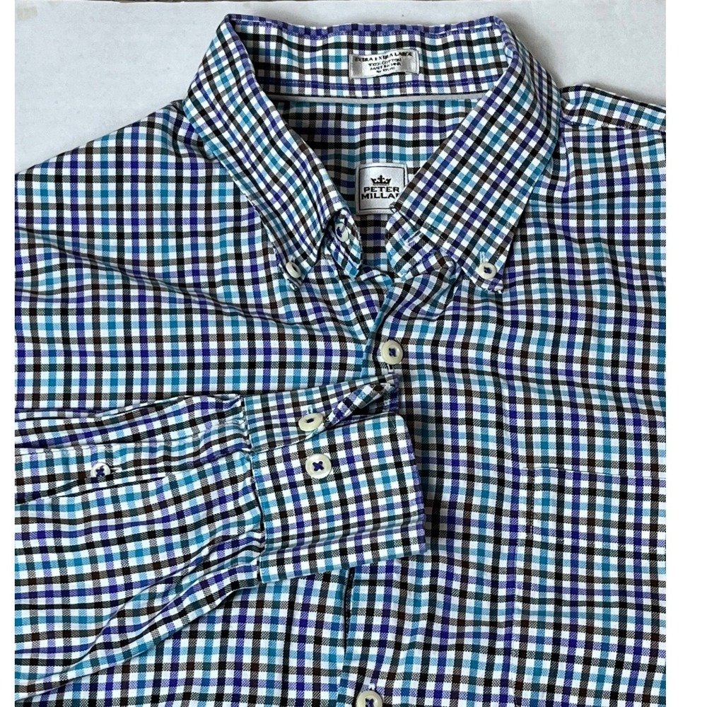 Peter Millar Button Down Shirt Mens XXL Blue Purple Gingham Plaid Cotton
